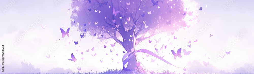 Elegant Lavender Ribbons Embellishing a Heart-Shaped Tree for Cancer Awareness, Celebrating World Cancer Day and National Cancer Survivors Month with a Touch of Compassion and Hope Elegant Lavender Ribbons Embellishing a Heart-Shaped Tree for Cancer Awareness, Celebrating World Cancer Day and National Cancer Survivors Month with a Touch of Compassion and Hope