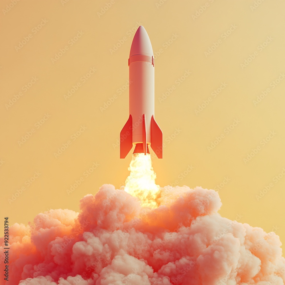 Rocket launching into the sky with flames and smoke trail against a ...