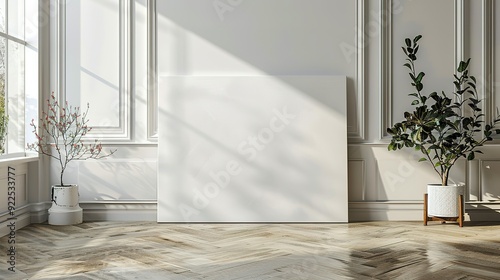 White Canvas Mockup with Plants in a Minimalist Room