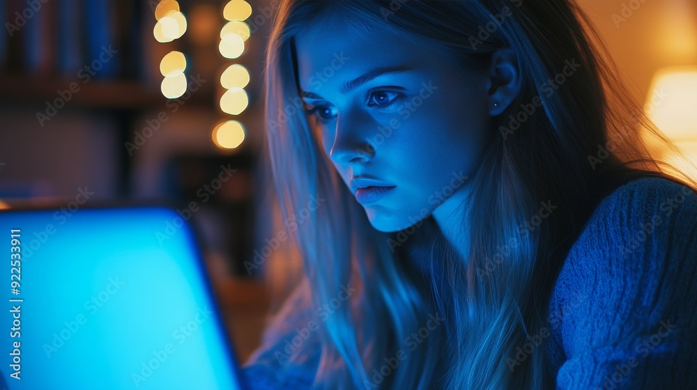 Concentrated young woman using a glowing laptop in a dark room with blurred warm lights in the background Concentrated young woman using a glowing laptop in a dark room with blurred warm lights in the background