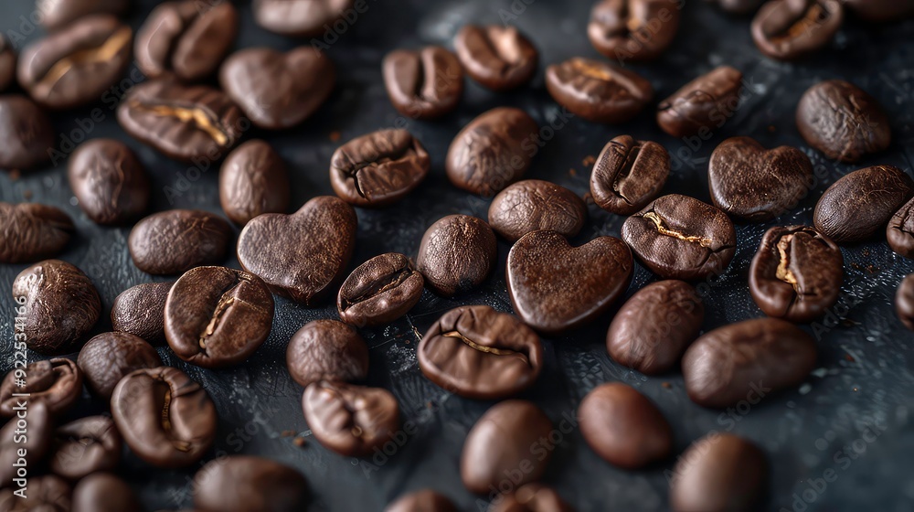 Naklejka premium A close-up image of roasted coffee beans on a dark surface. Some of the beans are heart-shaped.