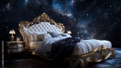 A luxurious white bed with a gold frame sits against a starry night sky, a nightstand with a lamp and a decorative figurine on the left side.