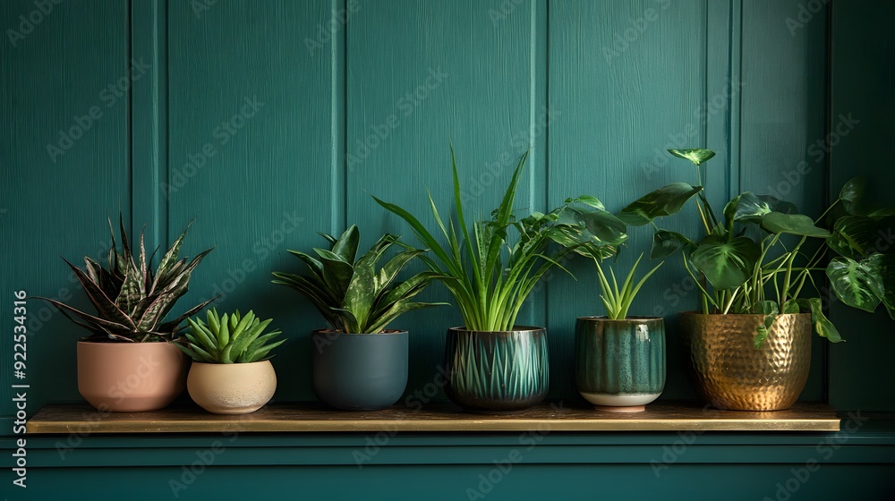 A variety of potted plants on wooden tables against an emerald green wall, creating a vibrant and fresh indoor garden setting with an abundance of plant life A variety of potted plants on wooden tables against an emerald green wall, creating a vibrant and fresh indoor garden setting with an abundance of plant life
