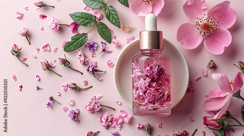 cosmetic bottles jars of cream serum with rose buds,petals on light pink background skin care concept. cosmetic bottles jars of cream serum with rose buds,petals on light pink background skin care concept.