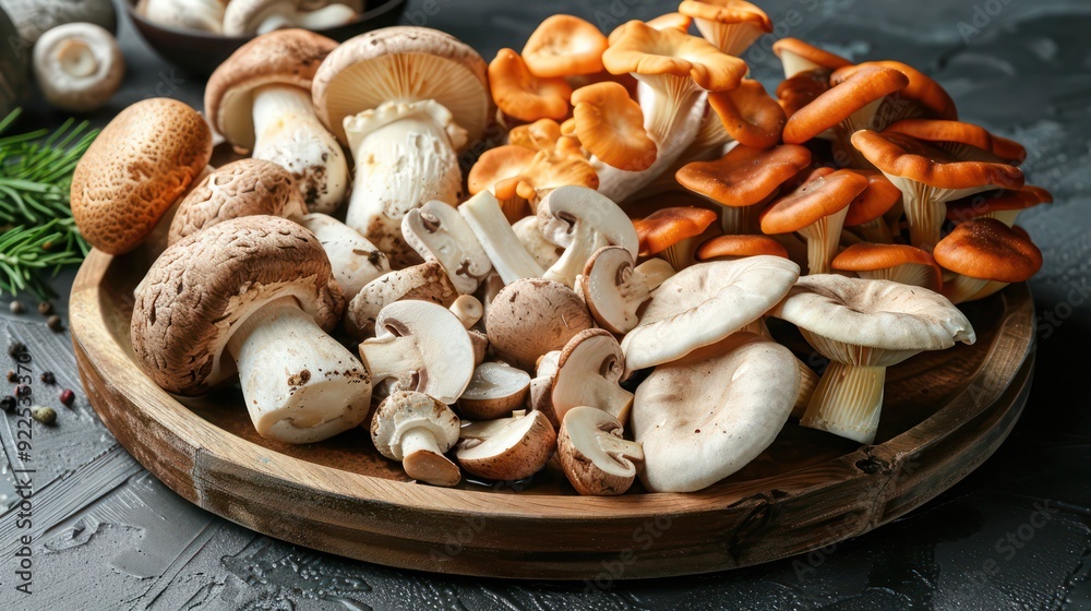 Close-Up of Various Mushrooms on a Wooden Plate and a Cluster of White Agaricus Like Mushrooms Growing on the Forest Floor in Estabrook Woods, Concord, Massachusetts, with Copy Space Close-Up of Various Mushrooms on a Wooden Plate and a Cluster of White Agaricus Like Mushrooms Growing on the Forest Floor in Estabrook Woods, Concord, Massachusetts, with Copy Space