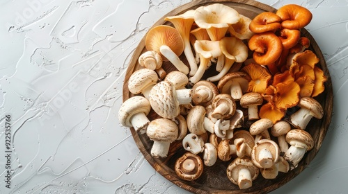 Close-Up of Various Mushrooms on a Wooden Plate and a Cluster of White Agaricus Like Mushrooms Growing on the Forest Floor in Estabrook Woods, Concord, Massachusetts, with Copy Space photo