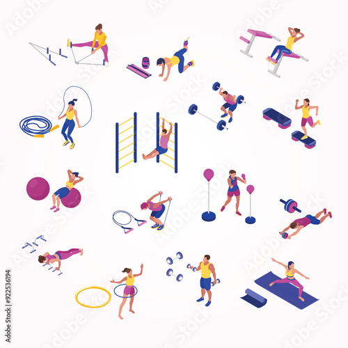 Men and women doing fitness with barbells boxing pear hoop dumbbells at home isometric icons set 3d isolated vector illustration