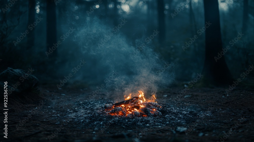 Smoke swirling around a burnt-out campfire in a dark forest clearing, with ashes and glowing embers visible, evoking a sense of solitude and wilderness. Smoke swirling around a burnt-out campfire in a dark forest clearing, with ashes and glowing embers visible, evoking a sense of solitude and wilderness.