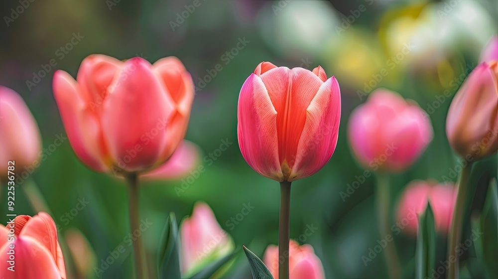 A field with blooming tulips. Fresh spring flowers. Growing flowers for sale in large quantities. Illustration for cover, card, postcard, interior design, banner, poster, brochure or presentation. A field with blooming tulips. Fresh spring flowers. Growing flowers for sale in large quantities. Illustration for cover, card, postcard, interior design, banner, poster, brochure or presentation.