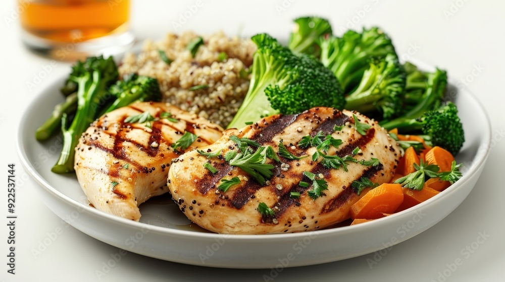 Nutritious Grilled Chicken Breast & Quinoa with Veggies on Plate, Food Magazine Editorial Photography in Professional Studio, Isolated White Background Nutritious Grilled Chicken Breast & Quinoa with Veggies on Plate, Food Magazine Editorial Photography in Professional Studio, Isolated White Background
