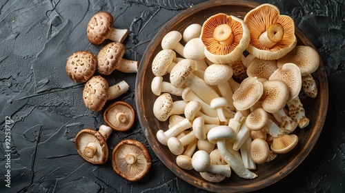 Close-Up of Various Mushrooms on a Wooden Plate and a Cluster of White Agaricus Like Mushrooms Growing on the Forest Floor in Estabrook Woods, Concord, Massachusetts, with Copy Space photo