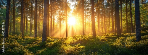 Tranquil Spring Forest. Embracing the beauty of sunlight filtering through the lush trees