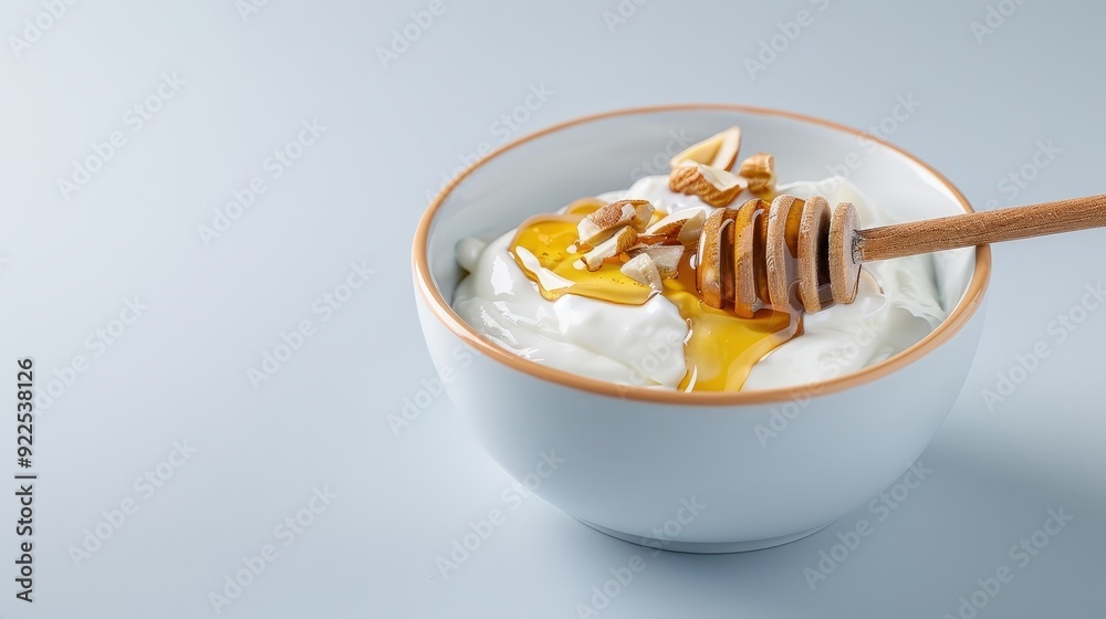 Creamy Greek Yogurt Delight with Honey and Nuts - Editorial Food Photography in Professional Studio Setting on White Background Creamy Greek Yogurt Delight with Honey and Nuts - Editorial Food Photography in Professional Studio Setting on White Background