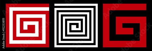 Lines on a spiral abstract background. Dynamic transition illusion. Red shapes on a black background and the same shapes on the black side. vector