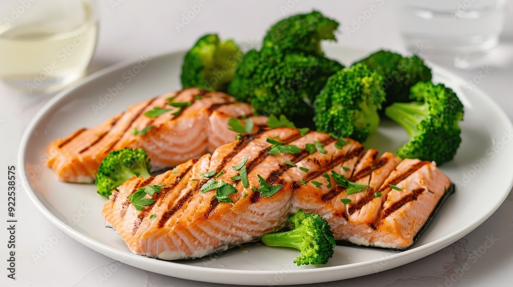 Freshly Grilled Salmon and Steamed Broccoli on Plate, Gourmet Food Editorial Photography in Professional Studio Setting Freshly Grilled Salmon and Steamed Broccoli on Plate, Gourmet Food Editorial Photography in Professional Studio Setting