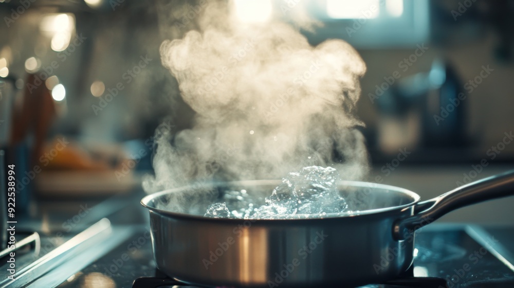 Steam escaping from a freshly boiled pot of water on a stove, with the steam swirling up and the kitchen setting in the background, capturing the essence of home cooking. Steam escaping from a freshly boiled pot of water on a stove, with the steam swirling up and the kitchen setting in the background, capturing the essence of home cooking.
