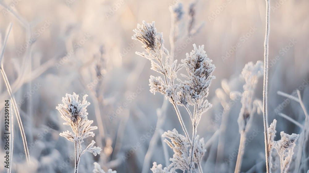 Close-up of delicate frost-covered grasses and dried flowers glistening in soft winter sunlight creating a serene and peaceful atmosphere Close-up of delicate frost-covered grasses and dried flowers glistening in soft winter sunlight creating a serene and peaceful atmosphere