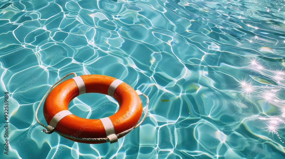 An orange life preserver floats in a blue pool, with shimmering reflections on the surface of the water. An orange life preserver floats in a blue pool, with shimmering reflections on the surface of the water.
