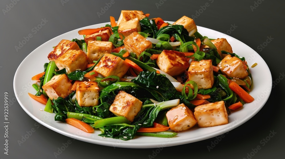 Delicious Tofu Stir-Fry with Colorful Vegetables on Plate, Food Magazine Quality, Isolated on White Background in Professional Studio Delicious Tofu Stir-Fry with Colorful Vegetables on Plate, Food Magazine Quality, Isolated on White Background in Professional Studio
