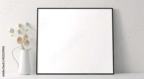 Maqueta de marco de póster de imagen de madera mínima sobre papel tapiz blanco	