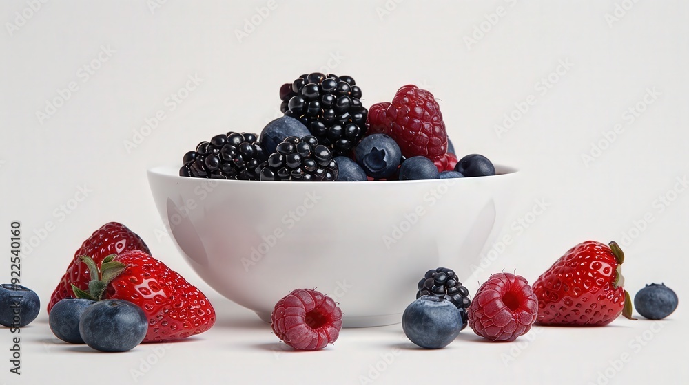 Vibrant Berry Mix in Illustrated Bowl for Foods Magazine on White Background - Professional Studio Shot Vibrant Berry Mix in Illustrated Bowl for Foods Magazine on White Background - Professional Studio Shot
