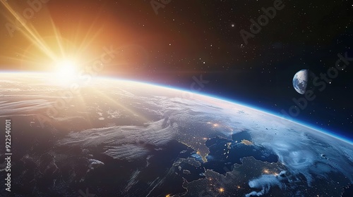 Fototapeta Naklejka Na Ścianę i Meble -  Earthrise with a Sunburst and a Crescent Moon in the Dark Sky