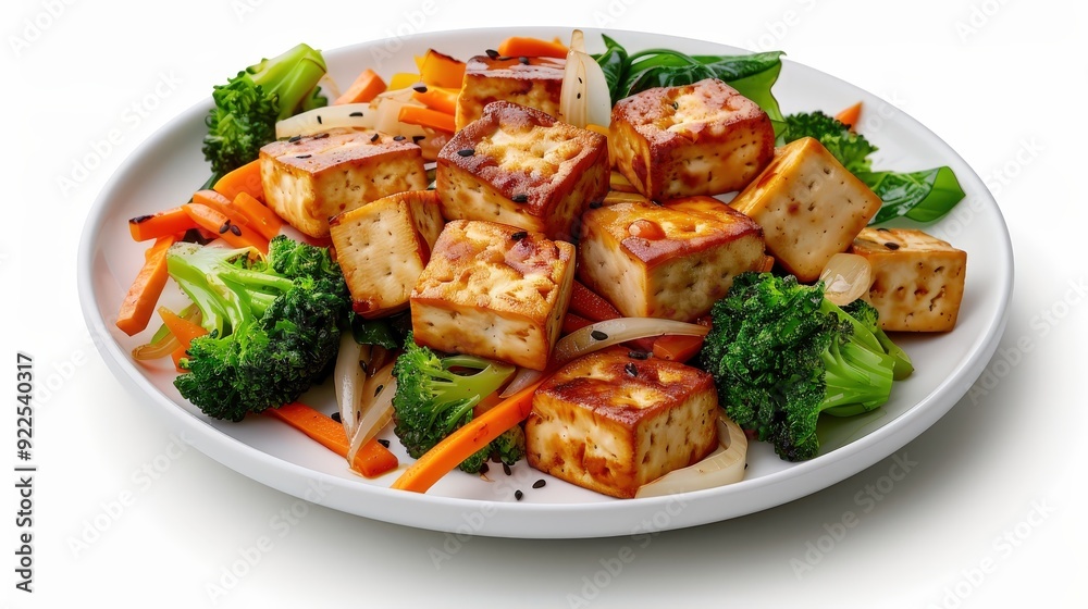 Delicious Tofu Stir-Fry with Colorful Vegetables on Plate, Professional Food Magazine Style Illustration Delicious Tofu Stir-Fry with Colorful Vegetables on Plate, Professional Food Magazine Style Illustration