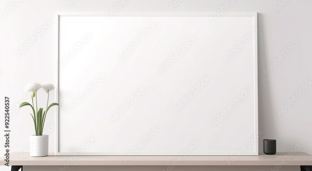Maqueta de marco de póster de imagen de madera mínima sobre papel tapiz blanco Maqueta de marco de póster de imagen de madera mínima sobre papel tapiz blanco