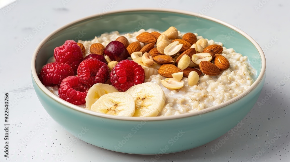 Vibrant Fruit and Nut Oatmeal Bowl - Delicious Breakfast Concept in Foods Magazine Style on White Background Vibrant Fruit and Nut Oatmeal Bowl - Delicious Breakfast Concept in Foods Magazine Style on White Background