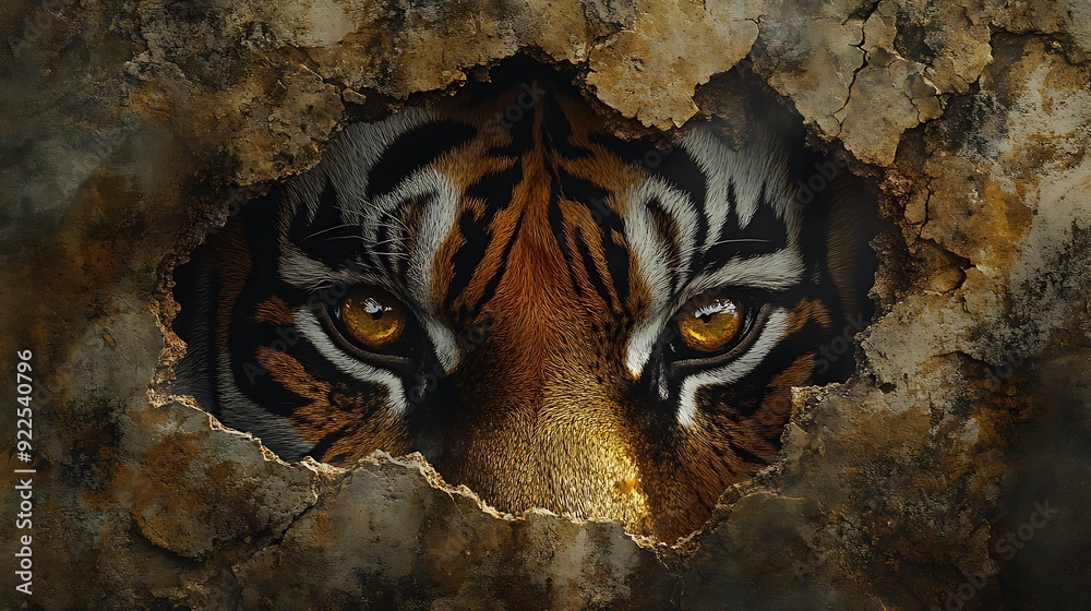 A tiger's eye peers through a cracked wall, its intense gaze filled with wildness and power. A tiger's eye peers through a cracked wall, its intense gaze filled with wildness and power.