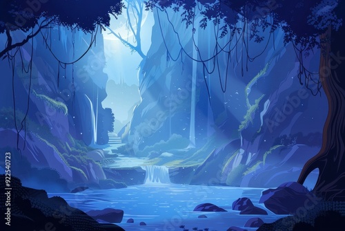 A Tranquil Blue Waterfall in a Mysterious Forest