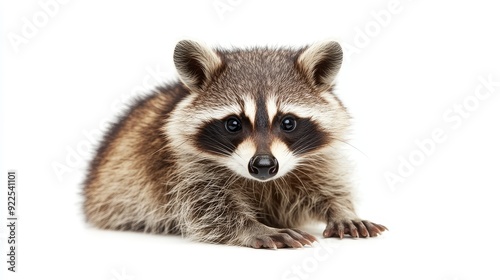 A cute baby raccoon with black eyes and a black mask looking directly at the camera against a white background. The image symbolizes playfulness, curiosity, and the beauty of nature.