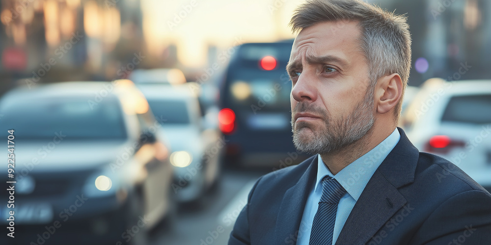 A middle-aged businessman looking worried in a traffic jam, symbolizing stress and delays during a daily commute. A middle-aged businessman looking worried in a traffic jam, symbolizing stress and delays during a daily commute.