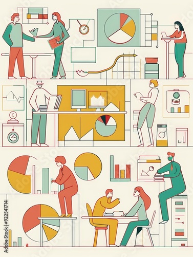 A diverse team collaborates on data analysis, represented by charts and graphs, showcasing teamwork, data-driven decision-making, and effective communication.