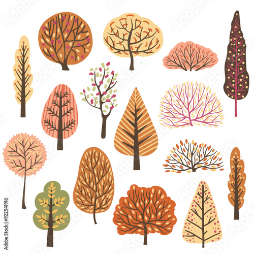 Autumn trees, set of vector illustrations of cute trees and shrubs.