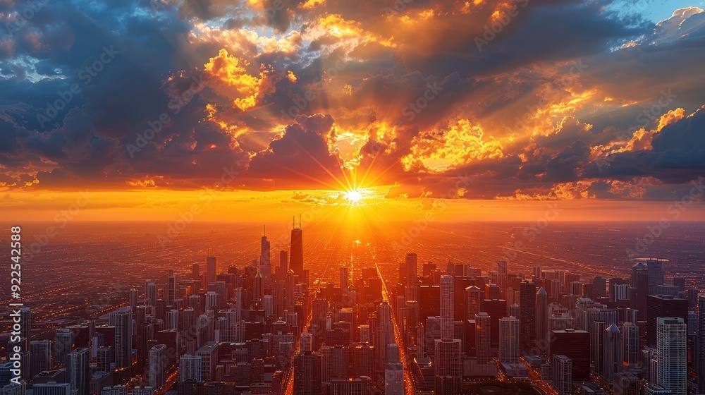 Fototapeta premium Golden Sunset Over Chicago Skyline, a breathtaking view of the sun setting behind the iconic buildings of Chicago, casting warm golden hues across the cityscape.