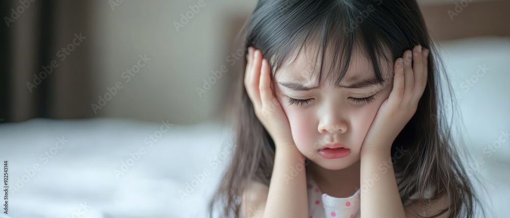 A Young Girl with Long Dark Hair Holding Her Face in Her Hands A Young Girl with Long Dark Hair Holding Her Face in Her Hands