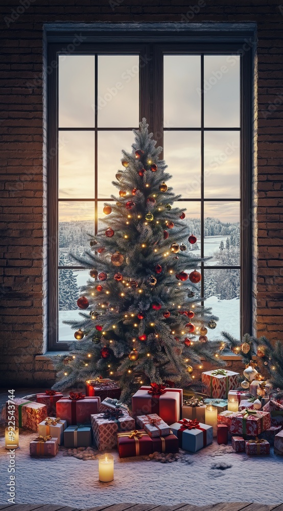 Beautifully Decorated Christmas Tree with Glowing Lights and Colorful Ornaments, Surrounded by Wrapped Gifts and Candles, Set Against a Frosty Winter Landscape Viewed Through a Large Window at Dusk Beautifully Decorated Christmas Tree with Glowing Lights and Colorful Ornaments, Surrounded by Wrapped Gifts and Candles, Set Against a Frosty Winter Landscape Viewed Through a Large Window at Dusk