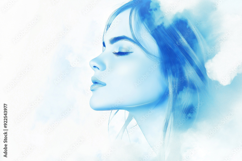 Artistic portrayal of a woman's profile in blue tones, blending with clouds, creating a dreamy, ethereal atmosphere. The image suggests peace and introspection with ample copy space. Artistic portrayal of a woman's profile in blue tones, blending with clouds, creating a dreamy, ethereal atmosphere. The image suggests peace and introspection with ample copy space.