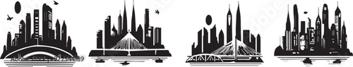 Print  City silhouette vector set. Panorama city background. Skyline urban border collection.