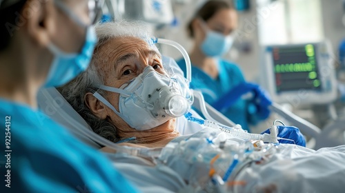 A patient in a hospital bed receives medical care from nurses, wearing masks in a critical care environment.