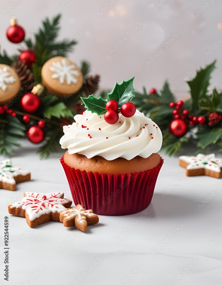 A red velvet cupcake with cream cheese frosting, topped with fresh cranberries and holly leaves, surrounded by additional cranberries on a white background A red velvet cupcake with cream cheese frosting, topped with fresh cranberries and holly leaves, surrounded by additional cranberries on a white background