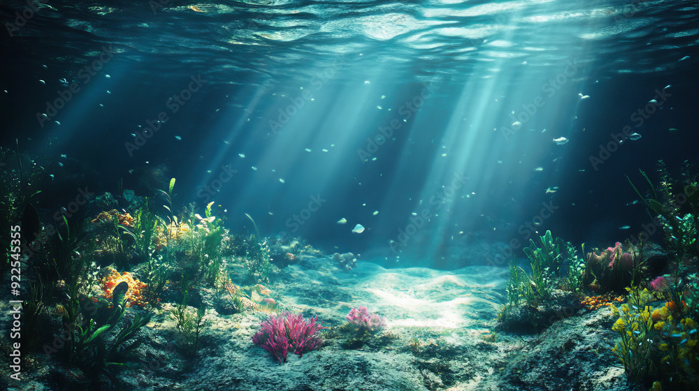 Fototapeta premium Sunlight filtering through the ocean, revealing a colorful underwater reef