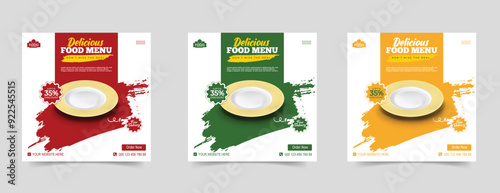 Fast food social media post design web banner template . Food social media post design with plate. Restaurant social media banner. Burger and pizza sale promotion flyer or poster