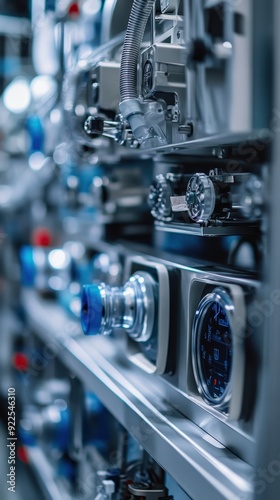 Detailed close-up of industrial machinery components showcasing precision engineering and modern technology in a factory setting.