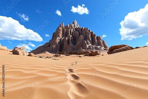 Footprints in the vast desert lead towards striking rock formations under a bright blue sky with scattered clouds.