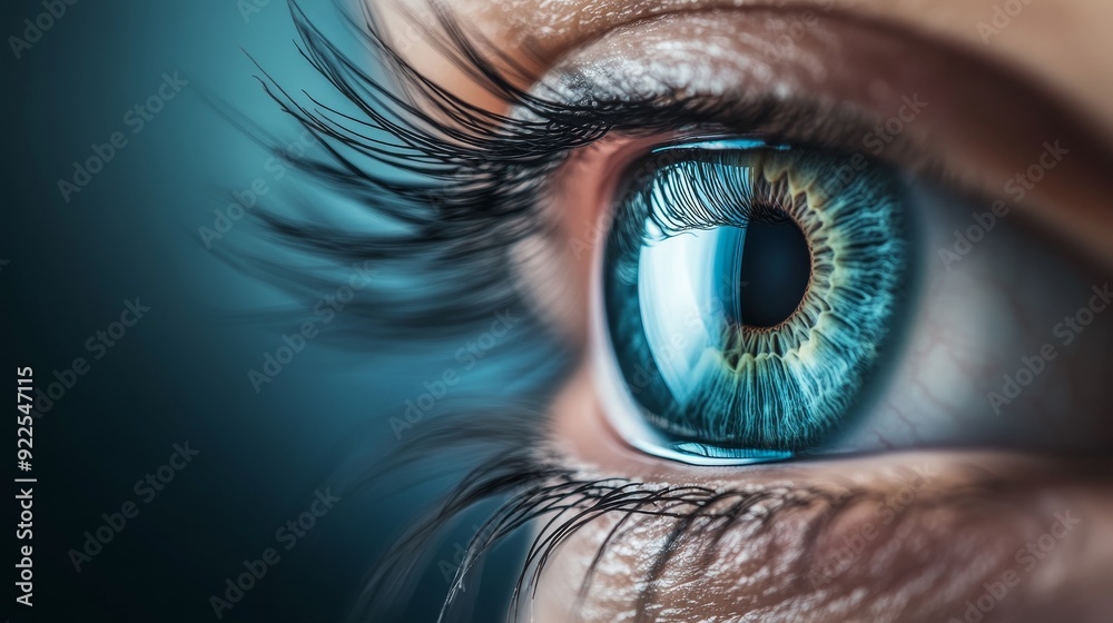 Fototapeta premium Close-Up of a Blue Eye with Long Eyelashes, High-Resolution Photography, Macro Image, Human Anatomy, Iris, Pupil, Eyelash