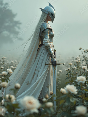 Cinematic Photography Portrait Of An Elfish Woman Templar Knight In Silver Armor, Medieval Fantasy Concept Of Elf