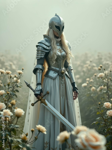 Cinematic Photography Portrait Of An Elfish Woman Templar Knight In Silver Armor, Medieval Fantasy Concept Of Elf