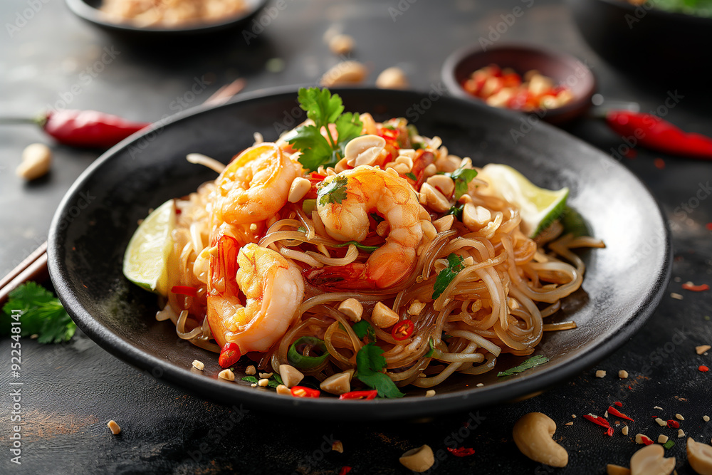 Delicious pad thai noodles with shrimp, garnished with lime, peanuts, chili, and cilantro Delicious pad thai noodles with shrimp, garnished with lime, peanuts, chili, and cilantro